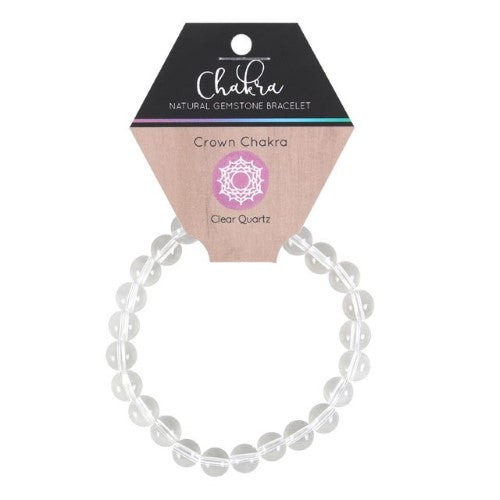 Crown Chakra Clear Quartz Bracelet with 8mm beads, promoting spiritual awareness and inner harmony for chakra healing.