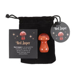 Alt text: Polished red jasper mushroom crystal, 3.5 cm tall, promoting wellbeing and harmony, perfect for decor or gifting.