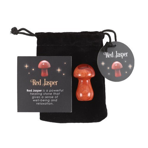 Alt text: Polished red jasper mushroom crystal, 3.5 cm tall, promoting wellbeing and harmony, perfect for decor or gifting.