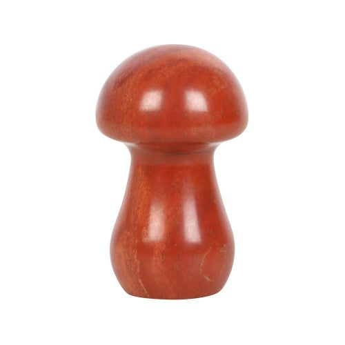 Polished red jasper mushroom sculpture, 3.5 cm tall, promoting wellbeing and harmony, elegantly packaged for gifting.