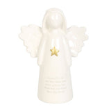 White ceramic angel ornament with gold star and heartfelt friendship message, perfect for home decor and gifting.