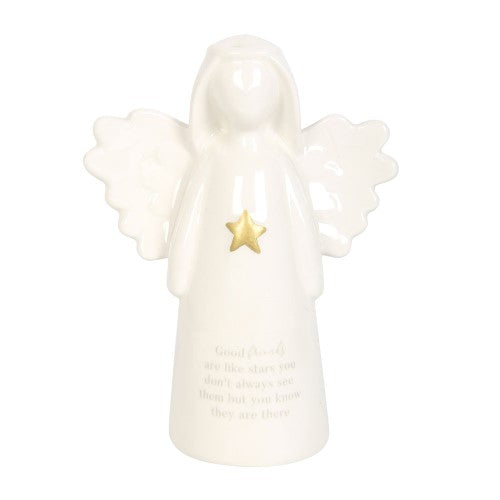 White ceramic angel ornament with gold star and heartfelt friendship message, perfect for home decor and gifting.