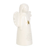 White ceramic angel ornament with gold star and heartfelt message about friendship, perfect for home decor and sentimental gifts.