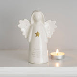 Ceramic angel ornament with gold star and heartfelt friendship message, perfect for home decor and sentimental gifting.