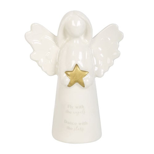 Delicate white ceramic angel ornament with gold star, featuring the message "Fly with the angels, Dance with the stars."