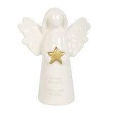 Delicate white ceramic angel ornament with gold star, featuring the message "Fly with the angels, Dance with the stars."