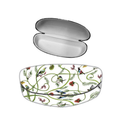 Sophie Blokker Kiwiana Sunglass Case featuring Birds & Flora design, with black lining for stylish eyewear protection.