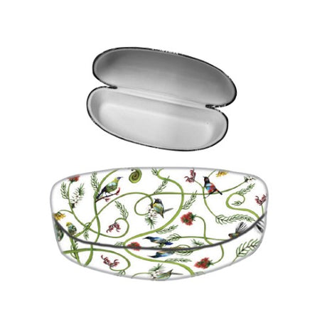 Sophie Blokker Kiwiana Sunglass Case featuring Birds & Flora design, with black lining for stylish eyewear protection.