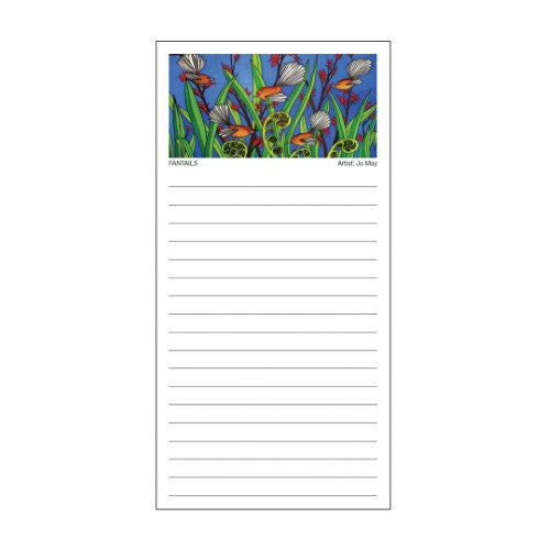 Kiwiana-inspired magnetic shopping list featuring a vibrant fantail design, perfect for organizing grocery lists.