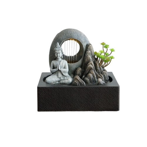 Praying Buddha Water Fountain with warm-white light, serene design, and gentle water flow for relaxation and mindfulness.