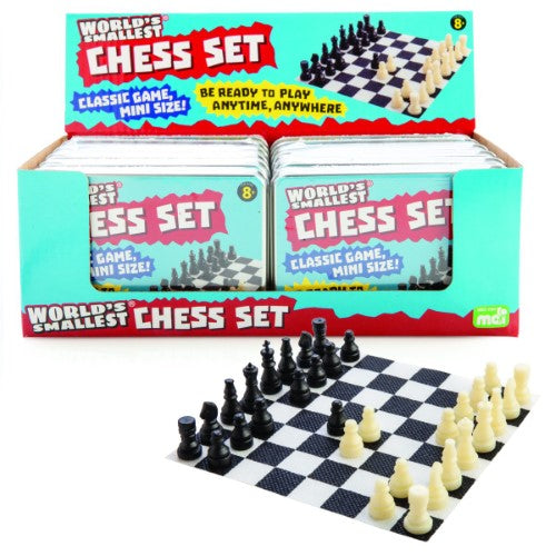 Pocket-sized chess set with 12 complete sets in metal tins, ideal for on-the-go gaming and strategic fun anywhere.