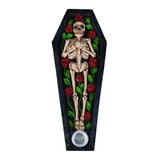 Gothic cone and incense burner featuring a skeleton in a coffin, adorned with vibrant red roses for a haunting decor touch.