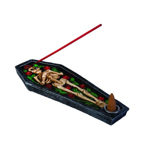 Tall skull incense burner with red roses in a coffin design, perfect for meditation or gothic home decor.