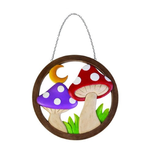 Whimsical wall decor featuring vibrant red and purple mushrooms framed by a crescent moon, ideal for unique home styling.