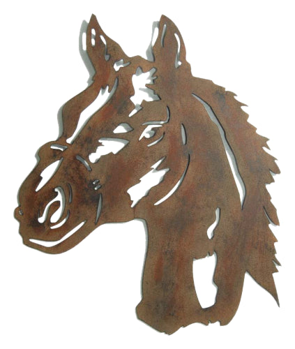 Rustic brown metal wall hanging featuring a horse silhouette, perfect for equestrian decor enthusiasts.