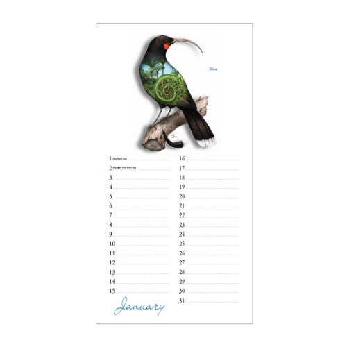 Illustrated perpetual calendar featuring New Zealand's native flora and fauna, perfect for eco-conscious Kiwiana enthusiasts.