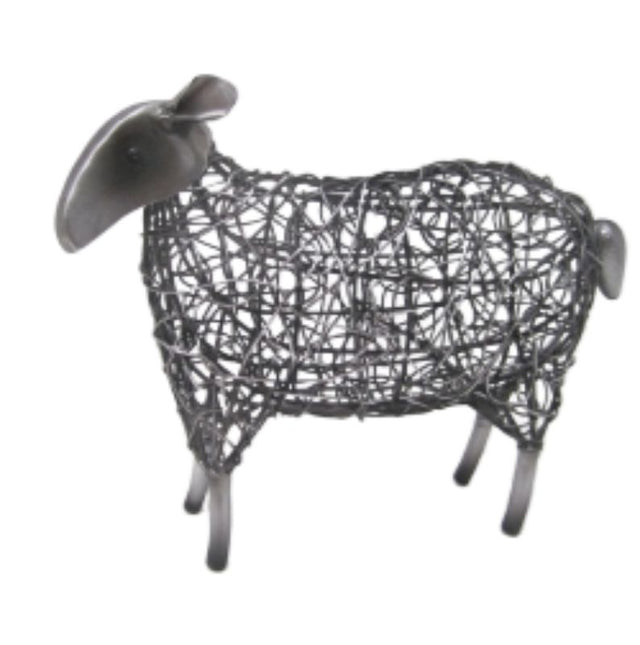 Medium metal free-standing sheep sculpture, 10 x 25 x 18 cm, adding rustic charm to home decor or garden spaces.