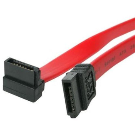 Red 18in SATA cable featuring a right-angle connector for optimal data transfer in tight spaces, supporting up to 6Gbps speeds.