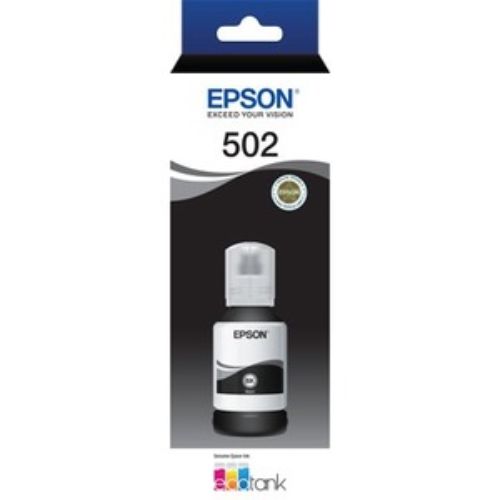 Epson T502 EcoTank black ink bottle, 127 mL, ultra high yield for impressive printing and cost-saving efficiency.