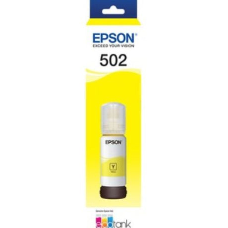 Epson T502 EcoTank Yellow Ink Bottle for inkjet printers, ultra high yield, mess-free filling, vibrant colors, eco-friendly.