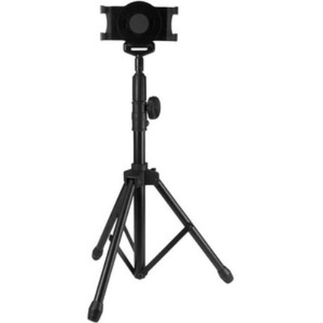 Adjustable tripod stand for tablets up to 11", featuring height adjustment, 360-degree rotation, and portable design.