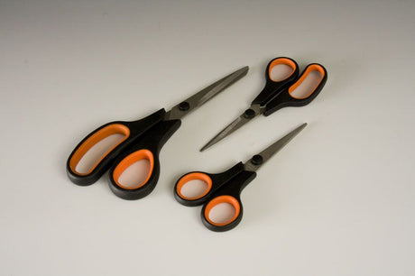 Soft grip 2-tone scissors set, three pairs for comfortable cutting of paper, fabric, and more, ideal for crafting and home use.