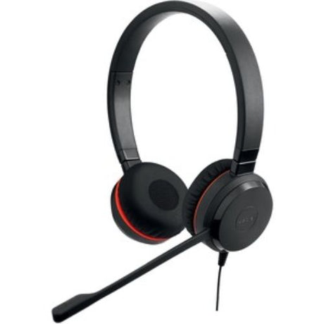 Jabra Evolve UC Stereo headset with over-the-head design, noise-canceling, USB connectivity, ideal for clear professional communication.