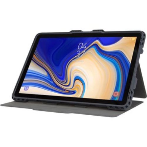 Blue Targus Pro-Tek flip case for Samsung Galaxy Tab S4, featuring military-grade drop protection and rugged corner bumpers.