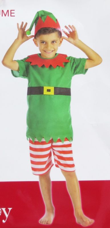 Bright green elf costume set for kids with red pants and pointed hat, perfect for Christmas festivities and playful adventures.