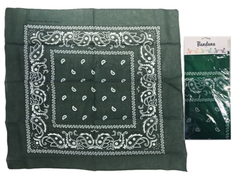 Set of 6 dark green bandanas, each 56cm, crafted from durable fabric for versatile styling and creative uses.