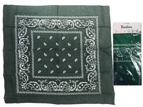 Set of 6 dark green bandanas, each 56cm, crafted from durable fabric for versatile styling and creative uses.
