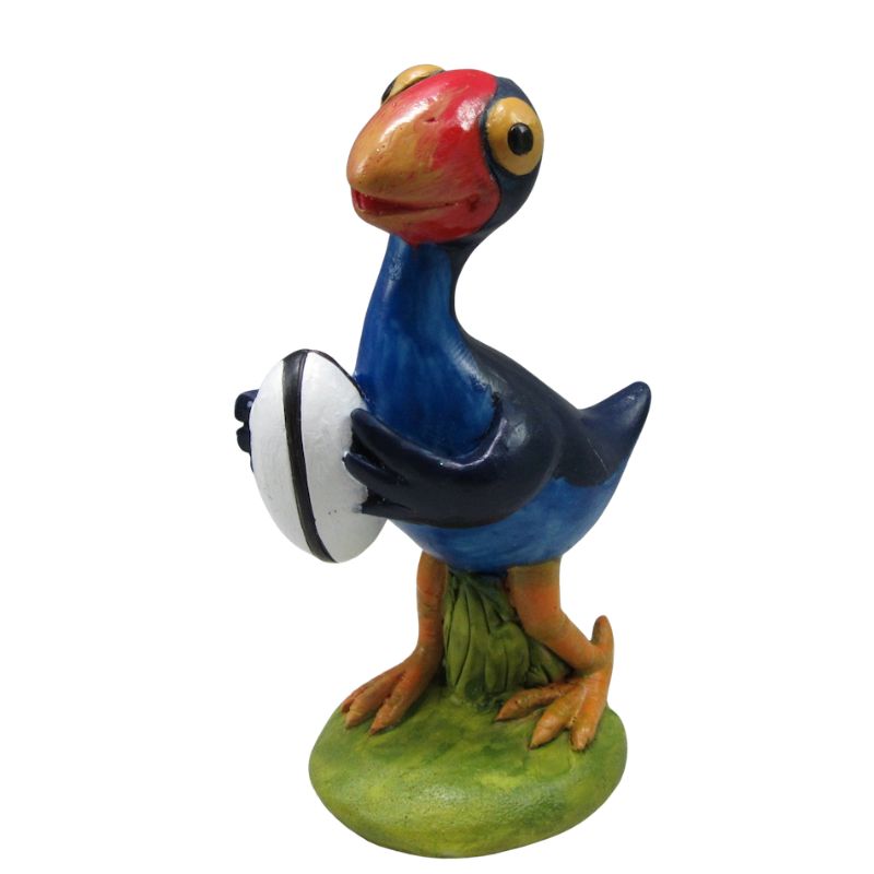 Pukeko rugby player figurine in vibrant colors, made of durable poly resin, celebrating New Zealand's wildlife and culture.