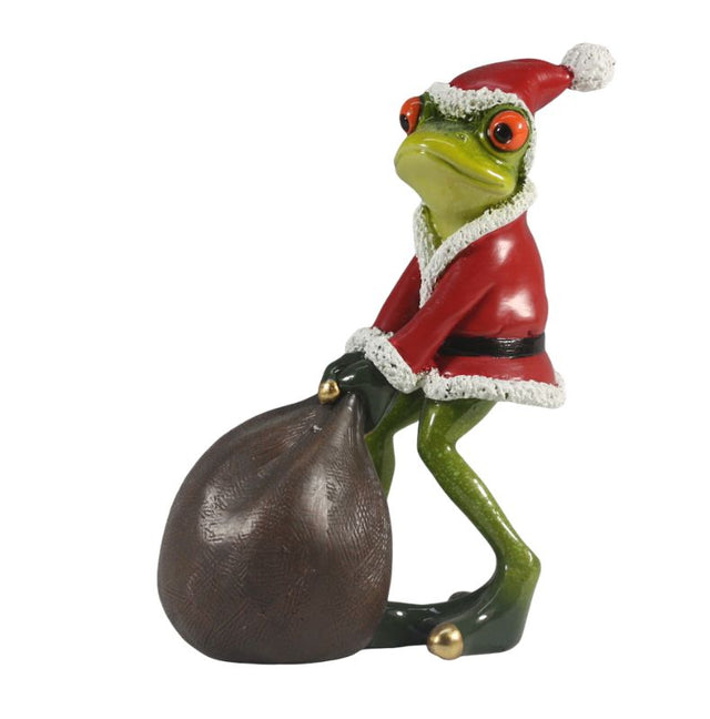 Festive Santa Frog with a sack, perfect for Christmas decor, adding whimsy to your holiday celebrations.