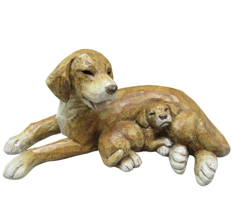 Heartwarming dog and puppy figurine in wood effect poly resin, perfect for dog lovers and home decor accents.