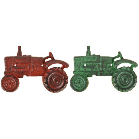 Rustic wall-mounted bottle opener featuring assorted tractor designs, perfect for home bars and outdoor gatherings.