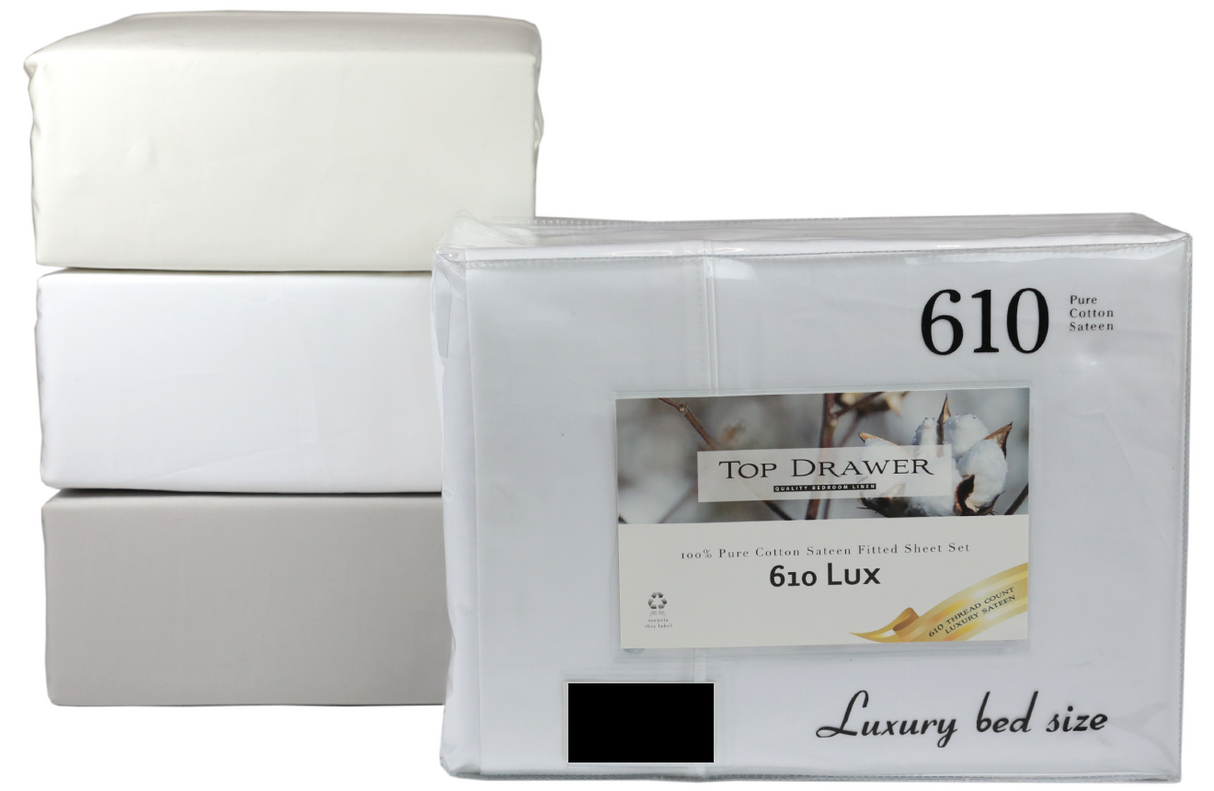 Super King Sheet Set in white, 610TC cotton sateen, includes flat and fitted sheets with pillowcases for luxurious comfort.