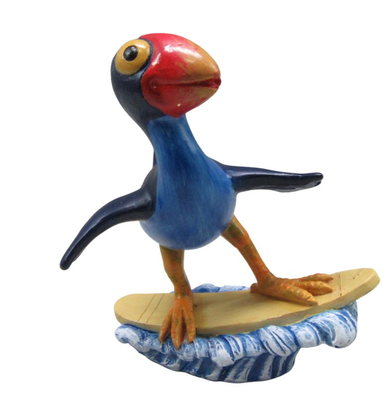 Colorful Pukeko surfing figurine made of poly resin, perfect for home decor or as a unique gift for nature lovers.