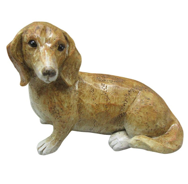 Charming poly resin dog figurine with a wood effect finish, perfect for home decor or gifting, measuring 10 x 6 x 8 cm.