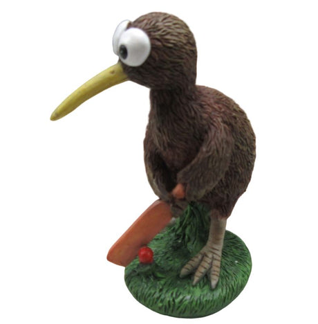 Kiwi bird figurine playing cricket, crafted from poly resin, vibrant colors, 7x5x10 cm, perfect for decor and gifting.