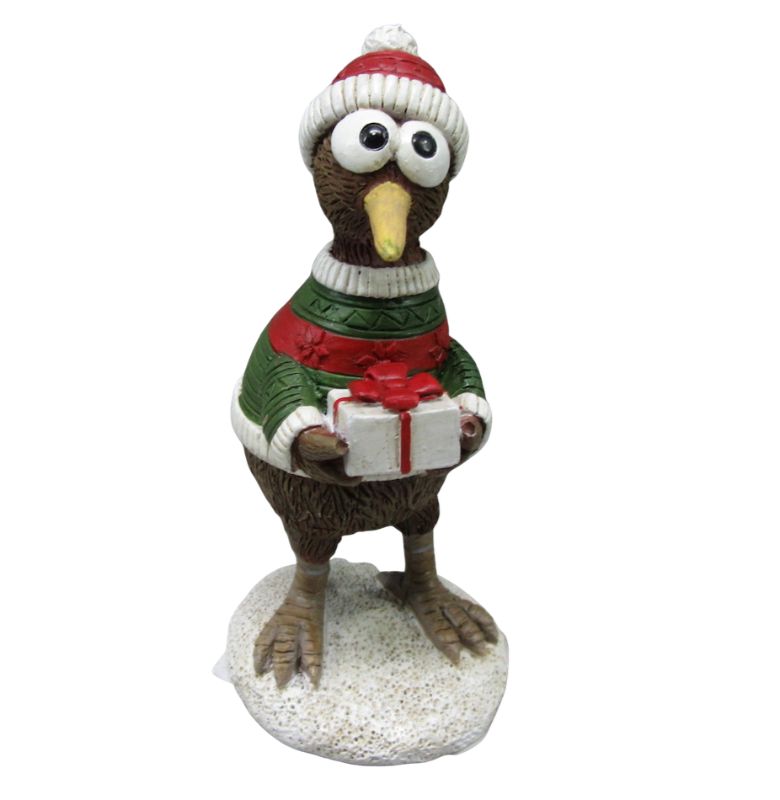 Adorable kiwi figurine in Christmas sweater, holding a gift, perfect for holiday decor or as a unique Christmas gift.