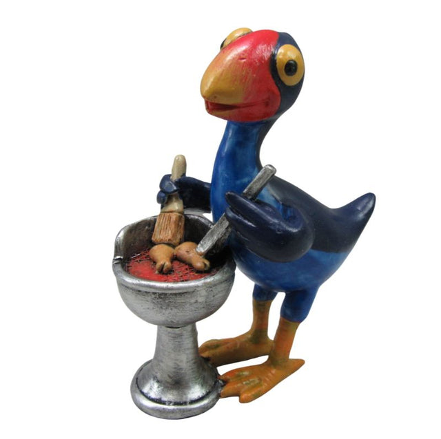 Colorful Pukeko BBQ figurine crafted from poly resin, perfect for outdoor decor and enhancing gatherings.