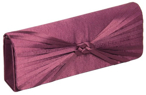 Chic cerise clutch bag featuring a gathered pleated design and bow front, ideal for special occasions and essentials.