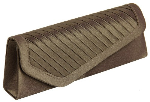 Elegant clutch bag with diagonal pleats, detachable strap, and ample space for essentials; perfect for evening events.