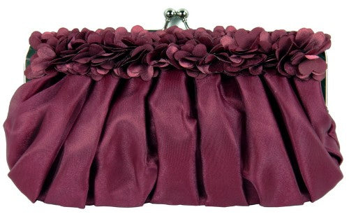 Cerise clutch bag with gathered bow detail, 26x14.5x5cm, versatile for shoulder or hand carry, perfect for special occasions.