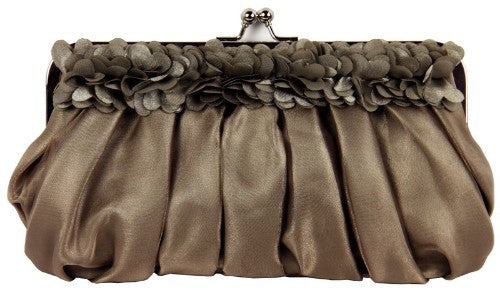Elegant pewter clutch bag with gathered design, detachable strap, and compact size for evening essentials.
