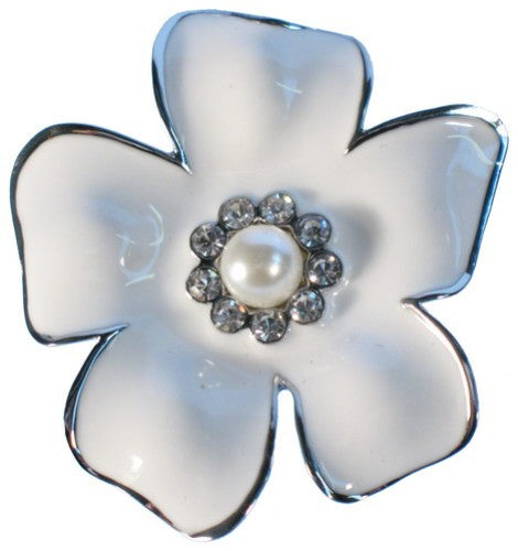 Modern Enamel Flower Brooch with rose gold accents, crystals, and pearls, perfect for enhancing any outfit stylishly.