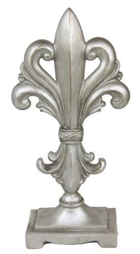 Elegant silver Fleur De Lys decor piece, measuring 22x10.5x45 cm, perfect for adding sophistication to any space.