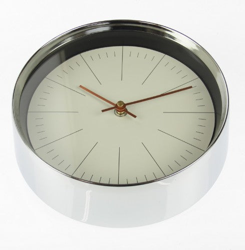 Sleek 22cm chrome wall clock with easy-to-read dial, perfect for modern home or office decor.