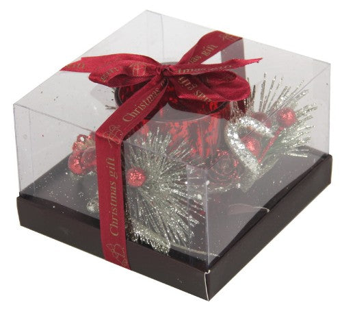 Glitter votive holder with red ribbon, electroplated glass finish, perfect for elegant decor and festive occasions.