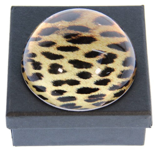 Elegant dark leopard print glass paperweight, 7.8 cm, enhancing workspace decor and keeping documents secure.